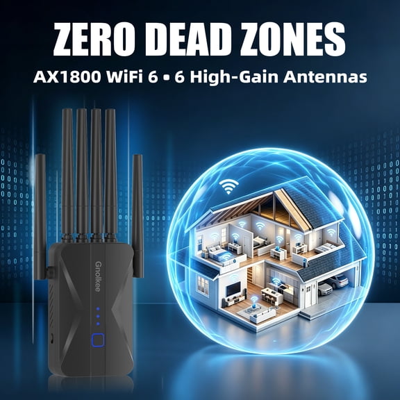Gnolkee AC1800 WiFi Extender Signal Booster, Dual Band WiFi 6 Repeater with 1 Ethernet Port, Long Range Internet Booster with Modern X-Design (Black)