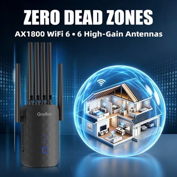 Gnolkee WiFi Range Extender with Ethernet Port, AC1800 Dual Band Network Extender, High-Speed WiFi Bridge and Signal Booster for Home and Office (Black)