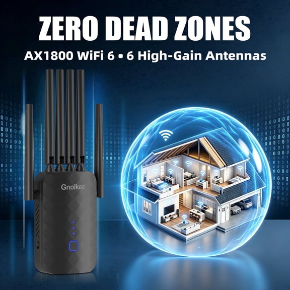 Gnolkee Wifi Range Extender with Ethernet Port, AC1800 Dual Band Network Extender, High-Speed Wifi Bridge and Signal Booster for Home and Office,Black