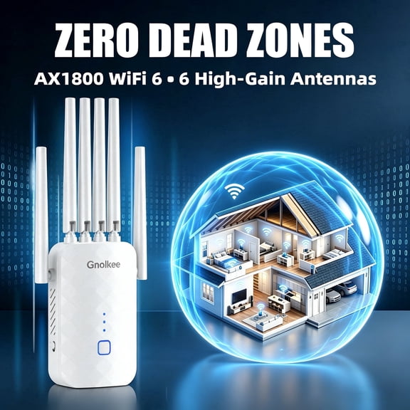 Gnolkee Wifi Range Extender with Ethernet Port, AC1800 Dual Band Network Extender, High-Speed WiFi Bridge and Signal Booster for Home and Office,White