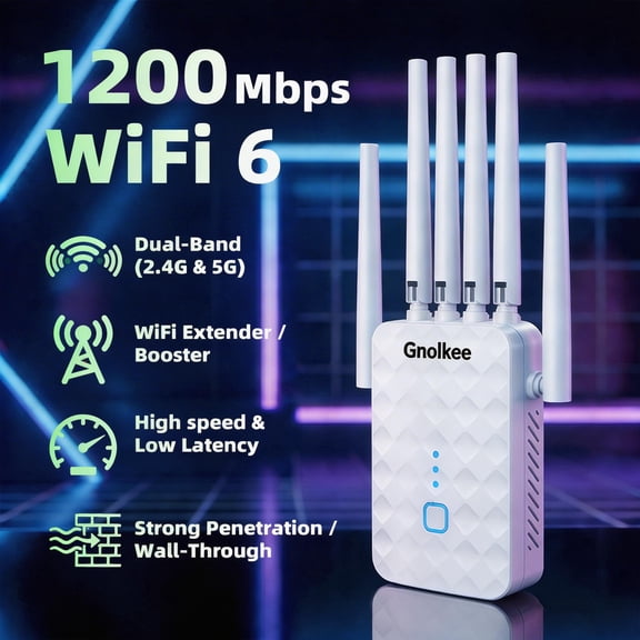 Gnolkee WiFi Range Extender with Ethernet Port, AC1200 Dual Band Network Extender, High-Speed WiFi Bridge and Signal Booster for Home and Office (White)
