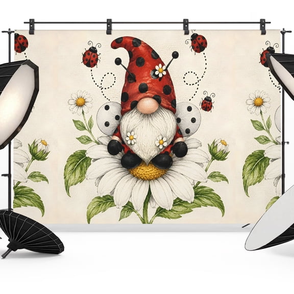 Gnome Backdrop for Photography, Spring Daisy Ladybugs Polka Dots Photo Backdrop Portrait Background Party Banner Photo Backgrounds for Studio Booth Props, 7x5ft