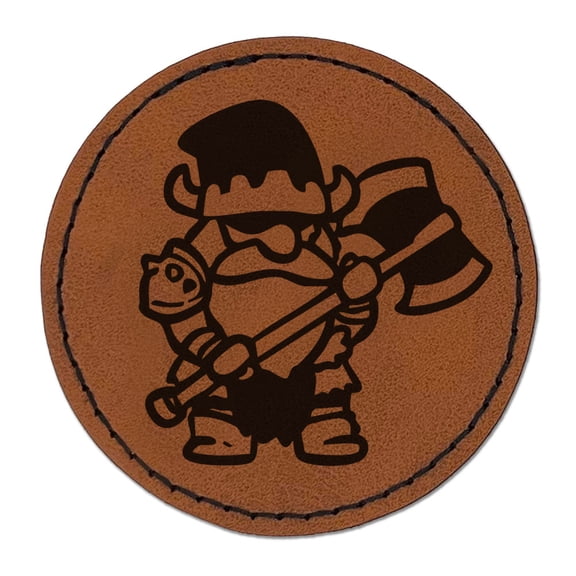Gnome Barbarian Warrior Fighter in Armor Round Iron-On Engraved Faux Leather Patch Applique - 2.5 Inch - Brown