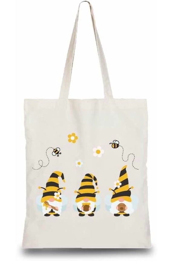Gnome Bee Cotton Tote Bag Canvas Cotton Reusable Shopping Bags Beach Bag Summer Grocery Bags Eco-Friendly Aesthetic DIY Craft Multi-Function for Women Gifts Daily Life 13.3 x 15 Inch diy Gnome