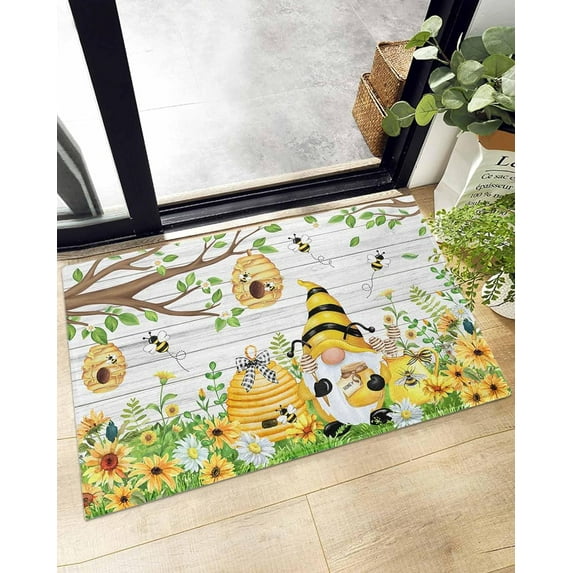 Gnome Bee Honey Summer Daisy Leaves Doormat Shaggy Plush Rug, Comfy Furry Floor Area Rugs Vintage Wood Board Cozy Throw Shag Carpets Indoor Entrance Decor Door Mats