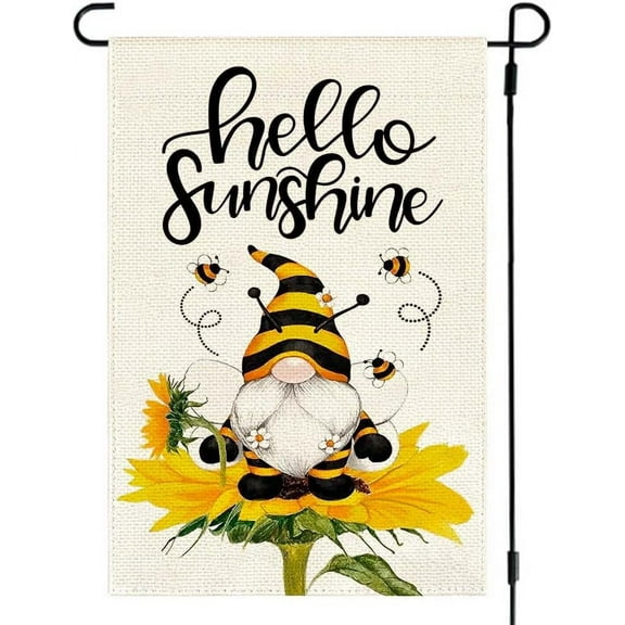 Gnome Bee Summer Garden Flag 12.5x18 Double Sided for Outside, Hello Sunshine Sunflower Seasonal Yard Flag Outdoor Farmhouse Decoration 16-12