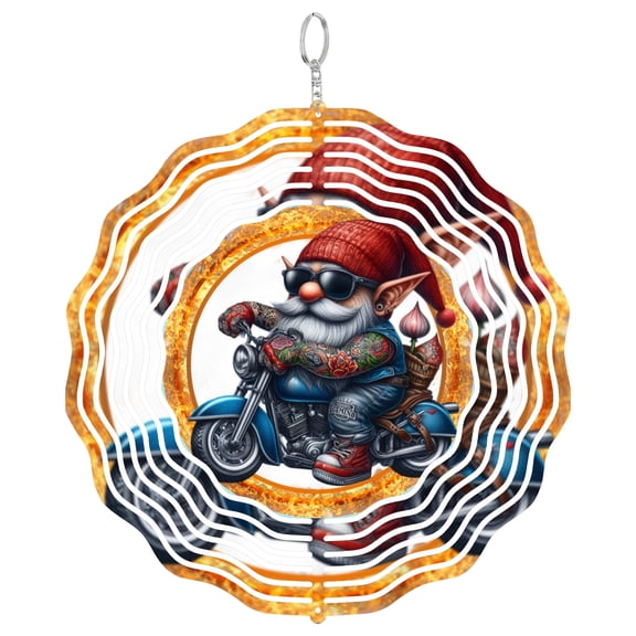 Gnome Biker Flames Rider 3D Wind Spinner Kinetic Metal Hanging Motorcycle Lover Gift Round