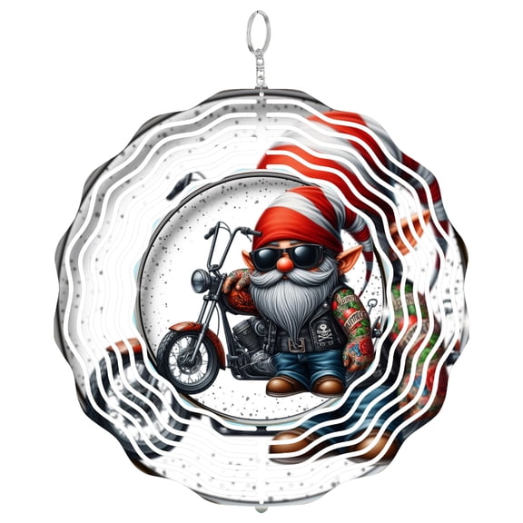 Gnome Biker Red Striped 3D Wind Spinner Kinetic Metal Hanging Motorcycle Lover Gift Round
