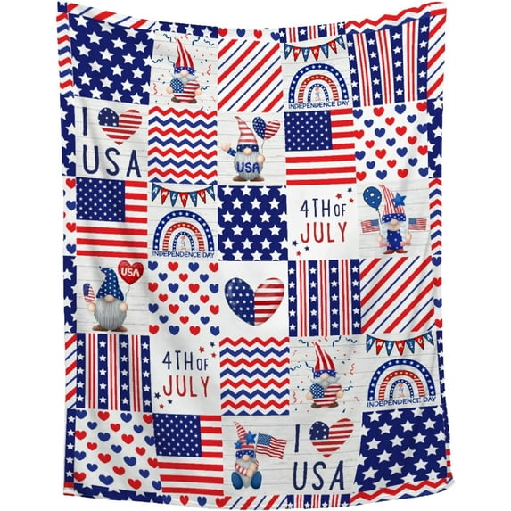 Gnome Blanket,4th July Independence Day Throw Blanket,American Flag Ultra Soft Flannel Blanket for Decor - Warm,Cozy,Breathable,Lightweight Blanket for Bed Couch Car,60"x80"-Adults/Twin Size