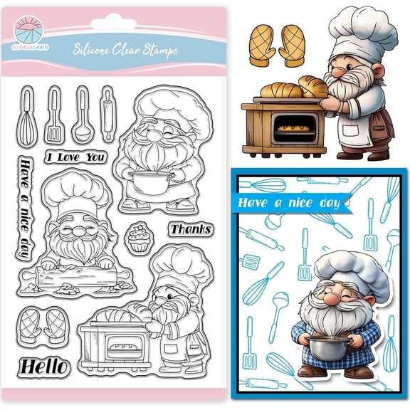 Gnome Chef Clear Stamps Kitchen Cookware Silicone Stamp Bread Baking Transparent Stamps for DIY Scrapbooking and Cards Making Photo Album Journal 6.3x4.33inch White