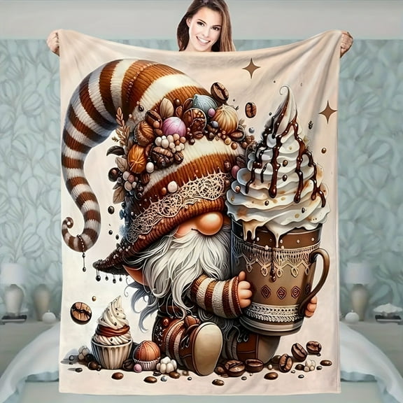 Gnome & Chocolate Print Flannel Blanket - Soft, Cozy, All-Season Throw for Sofas, Beds, Cars, Offices, Camping & Travel - Machine Washable, Contemporary Style, Perfect Gift for Any Occasion
