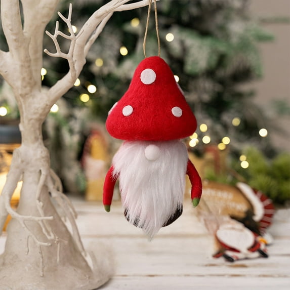 Gnome Christmas Ornament with Mushroom, Faceless Old Man Wool Figurine for Xmas Tree, Whimsical Holiday Decor Pendant, Cottage Core Christmas Decoration for Home