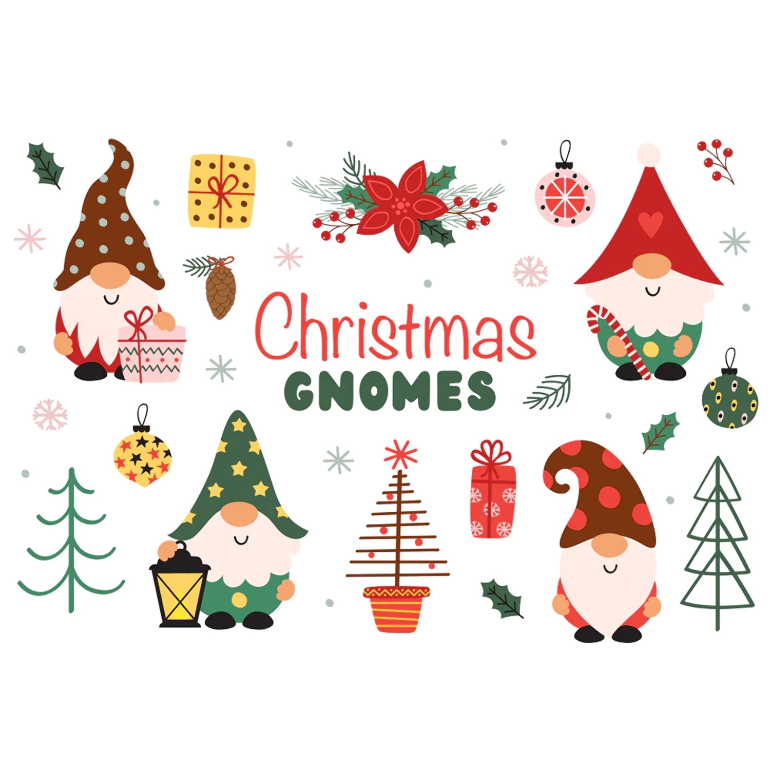 Gnome Christmas Party Fabric Panel White
