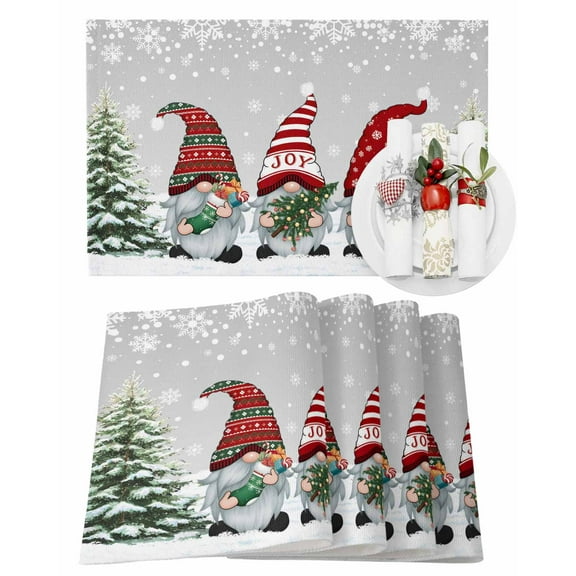 Gnome Christmas Placemats Set of 1 Winter Snowflakes Xmas Tree Gray Heat Insulation Washable Place Mats, Rustic Non-Slip Table Mats for Dining Table Party Kitchen Decor,13x19 Inch