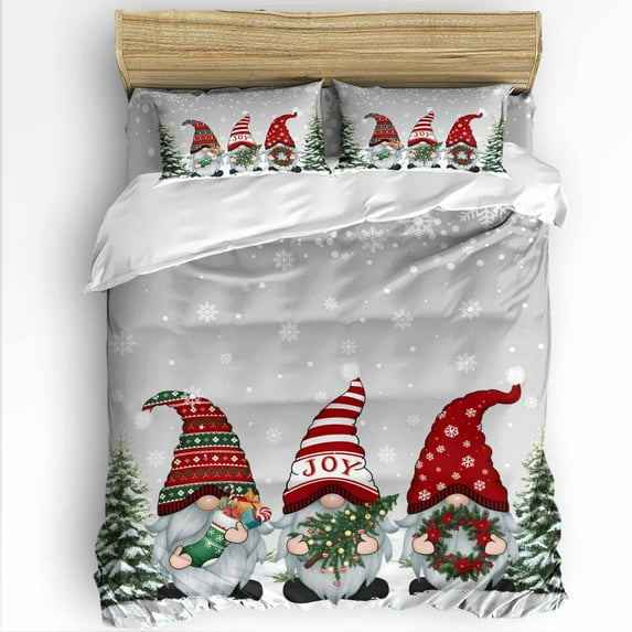Gnome Christmas Queen Size Comforter Set, Winter Snowflakes Xmas Tree Gray Soft Bedding for All Seasons, 4 Pcs Bed Set with 1Comforter (90"x92") ,1 Sheet(94"x116"), 2 Pillowcases (19"x29")
