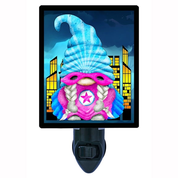Gnome Decorative Photo Night Light Plus One Extra Free Switchable Insert. 4 Watt Bulb. Image Title: Superhero Gnome 2.