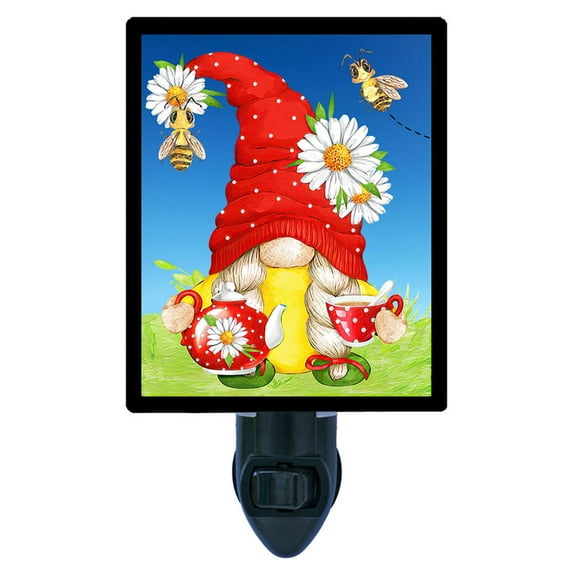 Gnome Decorative Photo Night Light Plus One Extra Free Switchable Insert. 4 Watt Bulb. Image Title: Tea Time Gnome.