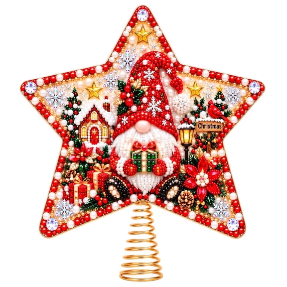 Gnome Diamond Art Style Christmas Star Topper, Jewel-Like Village Scene for Christmas Tree and Seasonal Home Display, Plastic