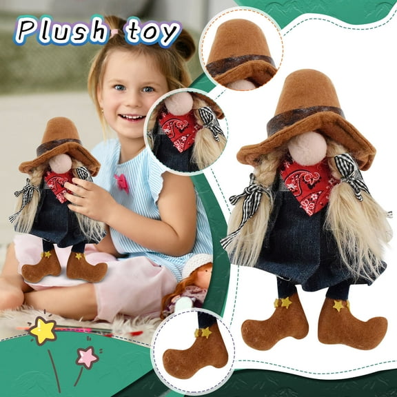 Gnome Doll Ornament - 10inch No-Face Plush Figurine with Wide-Brimmed Hat,Bandana,& Fuzzy Blonde Braids,Adorable Rustic Home Decor & Gift