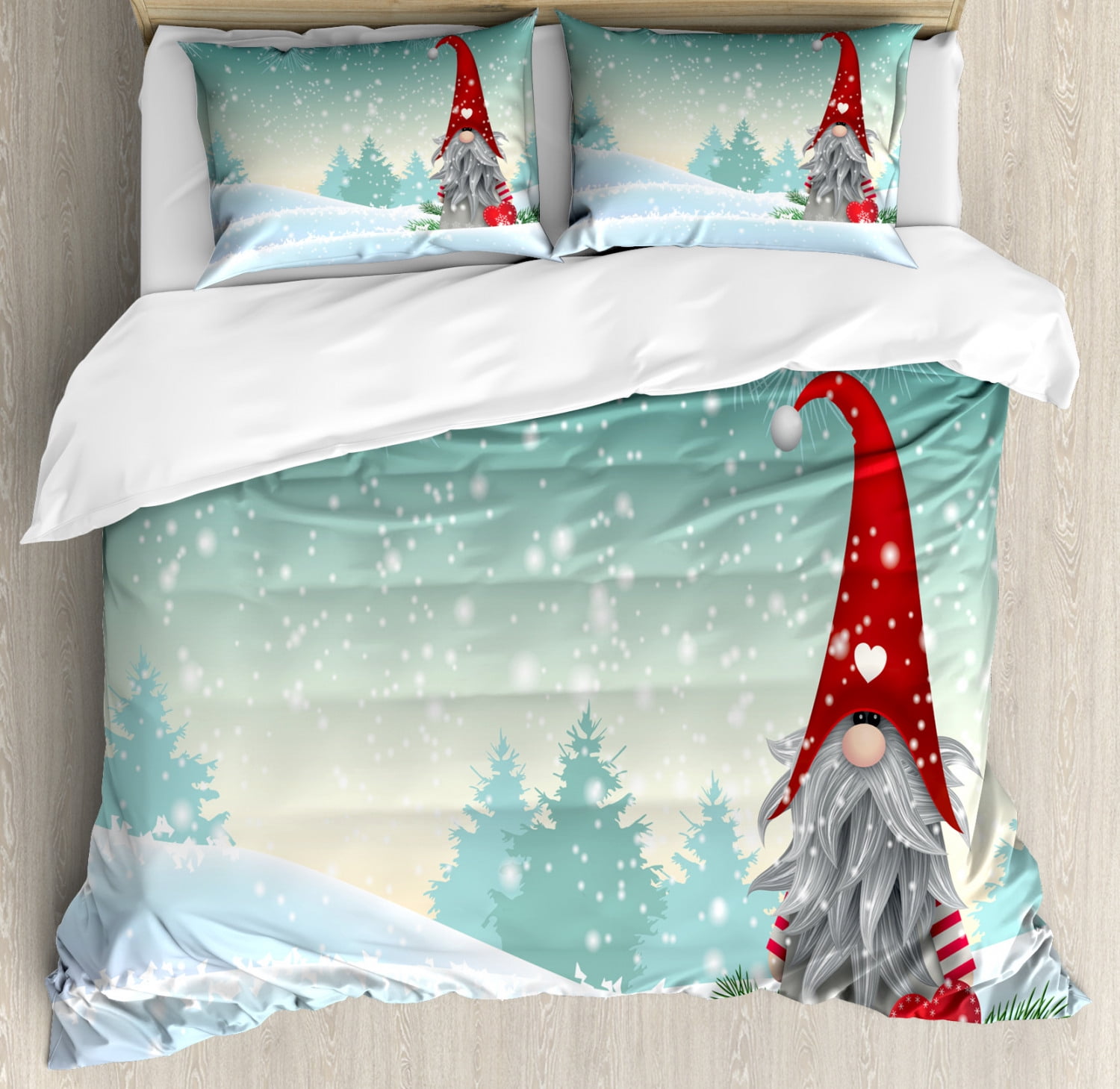 Elf Tomte Winter Scene Microfiber Queen Duvet Cover Set