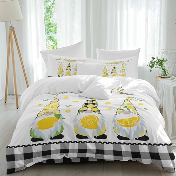 Gnome with Duvet Cover Set Queen Size, Lemon Rustic Black White Checked 4 Piece Soft Microfiber Bedding Set with 1 Duvet Cover, 1 Flat Sheet, 2 Pillowcases