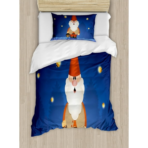 Gnome Duvet Cover Set Twin Size, Garden Elf at Night Holding a Lantern and Surrounded by Fireflies Cartoon, Decorative 2 Piece Bedding Set with 1 Pillow Sham, Navy Blue Scarlet, by Ambesonne