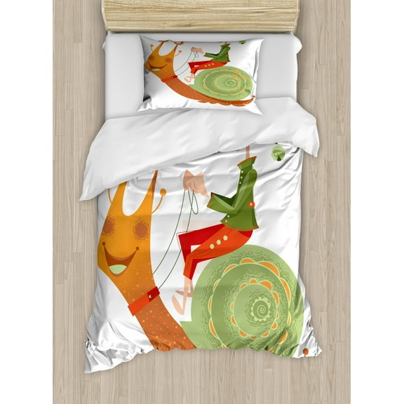 Gnome Duvet Cover Set Twin Size, Little Elf Riding a Snail Pastel Dreamland Children Creative Cartoon, Decorative 2 Piece Bedding Set with 1 Pillow Sham, Olive Green Burnt Sienna, by Ambesonne