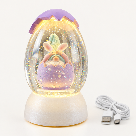 Gnome Easter Snow Globe, Easter Bunny Snow Globe Eggs Spring Decor with Swirling Glitter, 6H Timer, USB or Battery Powered, See No Evil Gnome Snowglobe for Tabletop Decor Gift 7.4 Inch (Purple)