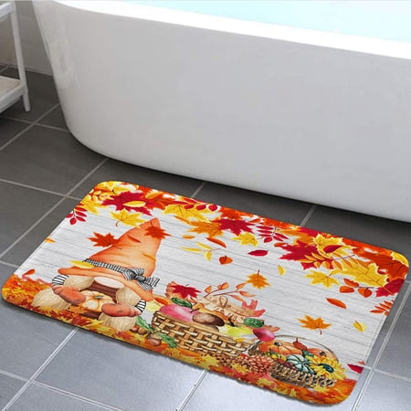 Gnome Fall Bath Mat, Autumn Leaves Thanksgiving Pumpkin Bathroom Rugs Soft Flannel Bath Mats Bathroom Decor Warm Floor Mat Living Room Bedroom Rugs, 24x16 Inches