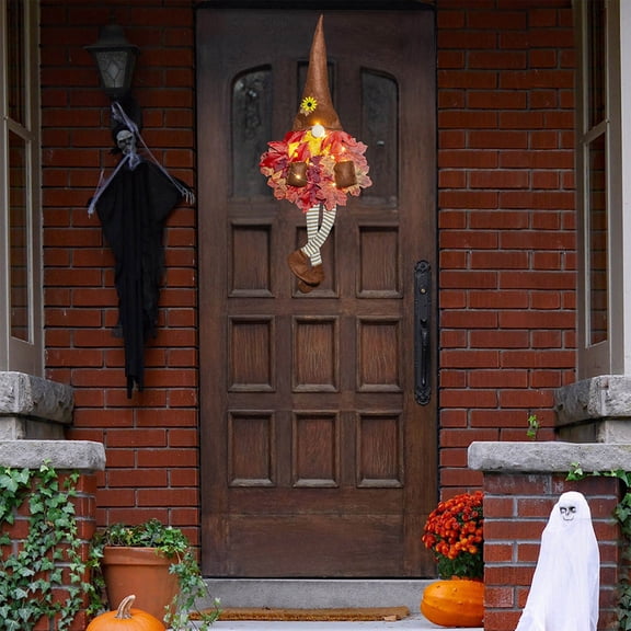 Gnome Fall Wreath - Fall Gnome Maples Leafs, Autumn Gnomes for Front Door | Lighted Gnomes Maple Leaves Harvest Decor | Front Door Wreath for Indoor Mantle Fireplace Table Kitchen Window Porch