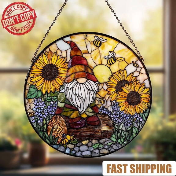 Gnome Faux Stained Glass Acrylic Suncatcher, Window Hanging Decor, Gift for Mom Grandma