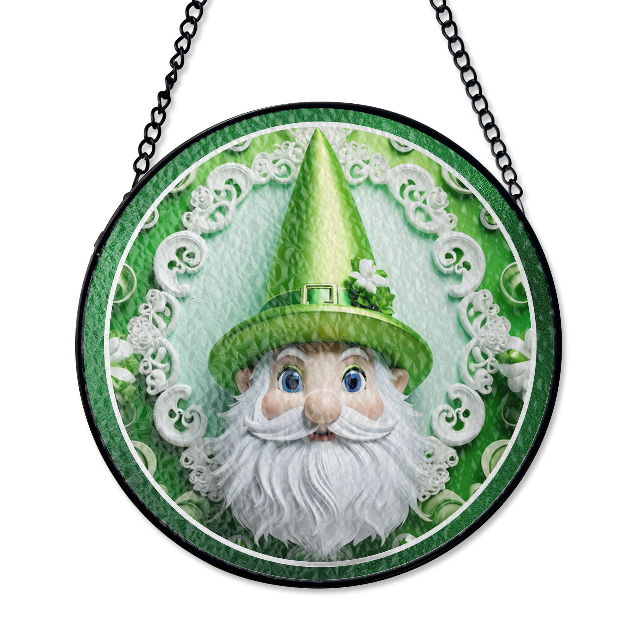 Gnome Faux Stained Glass Suncatcher Window Hanging Decor Irish Theme Green Glass
