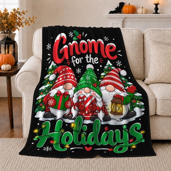 Gnome, Festive Holiday Scene, Warm Flannel Blanket for Living Room and Reading Nook with Detailed Artwork with Rich Color Accents, Art Lovers Christmas Gift, Festive Home Decor