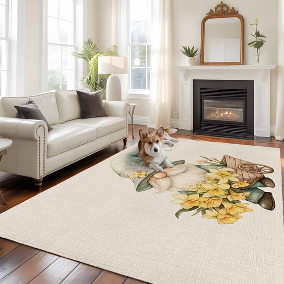 Gnome Flower Area Rugs 5x7 ft Vintage Green Dwarf Yellow Floral Linen Texture Washable Rug Non Slip Indoor Carpet Absorbent Floor Mat for Living Room Bedroom Dining Room