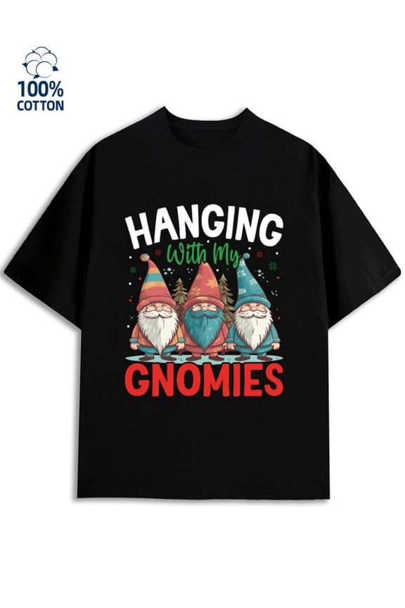 Gnome Friends T-Shirt Christmas Men's Cotton T-Shirt - Black, Comfort Colors, Spring/Autumn Print, Beach Wear