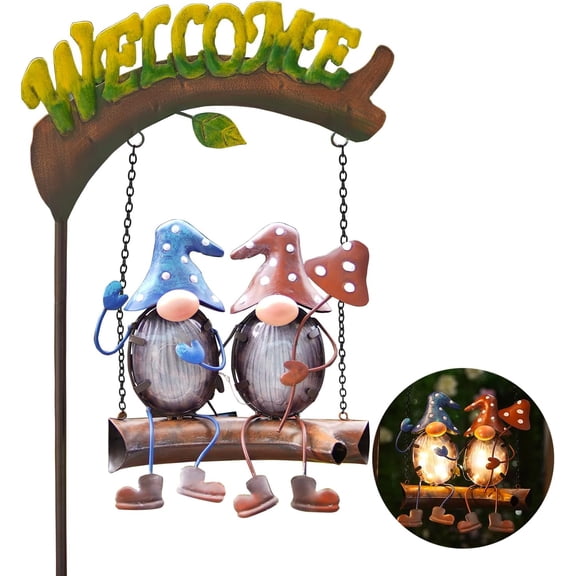 Gnome Garden Decoration Solar Lights, 48 Inch Welcome Sign Swing Courtyard Decoration, Outdoor Decorative Posts Suitable for Lawn, Porch, Backyard, Terrace, Women Mom Gardening Gifts