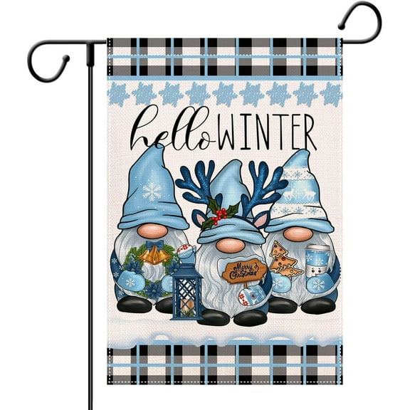 Gnome Garden Flag - Hello Winter Snowflake Garden Flags 12.5x18 Double Sided Christmas Yard Flag Buffalo Plaid Burlap Farmhouse Welcome Decorative Flags for Outside Outdoor Lawn Xmas Decoration