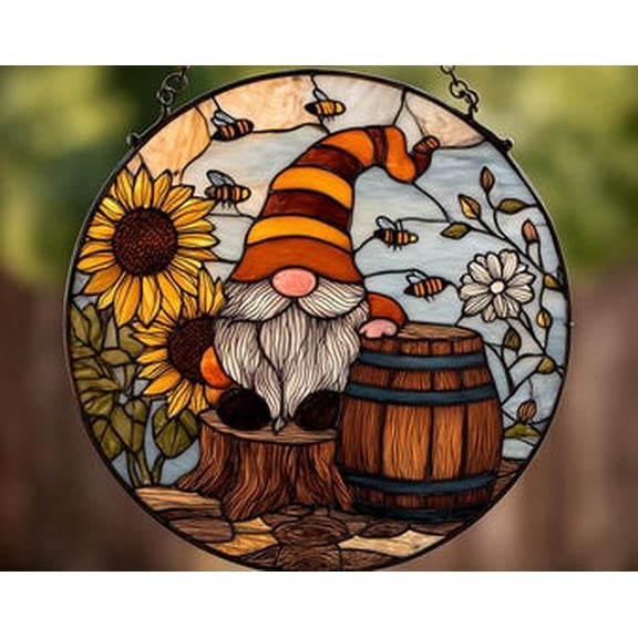 Gnome Glass Suncatcher, Sunflower Garden Window Art, Rustic Cottage Decor, Mother's Day Gift, Whimsical Home Accent, 3.5 in