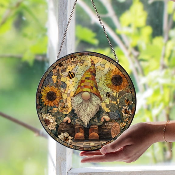 Gnome Glass Suncatcher, Whimsical Fairy Tale Window Art, Garden Nature Lover, 3.5 in