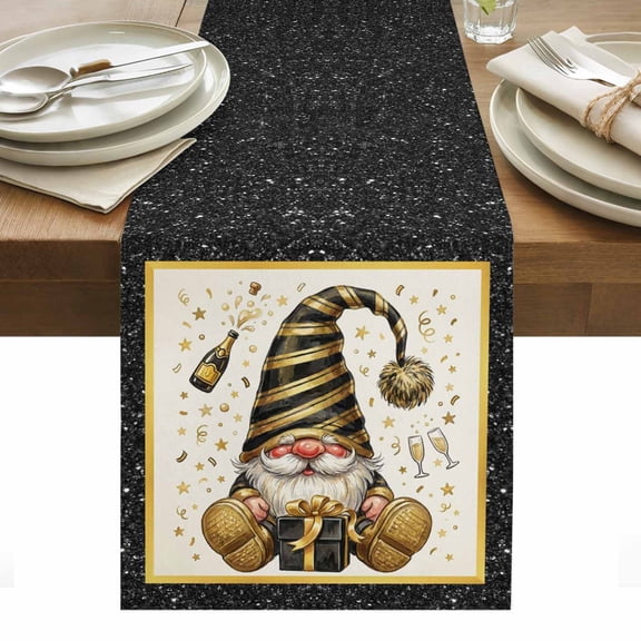Gnome Graduation Cotton Linen Table Runner Black Gold Gift Ribbons Champagne Dining Table Runners for Home Decor Party Dining Room Restaurant Kitchen Party 13" x 36"