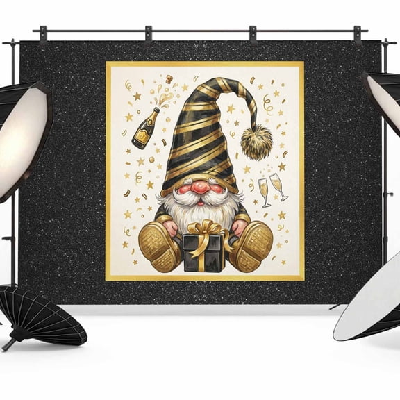 Gnome Graduation Photography Backdrop 7x5FT, Black Gold Gift Ribbons Champagne Photo Backdrops, Background for Photography Studio Photo Studio Background, Back Drop for Photoshoot