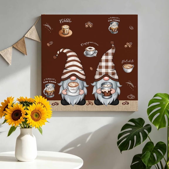 Gnome with Hat Coffee Cup Canvas Wall Art Framed Wall Decor for Living Room Bedroom Bathroom, Coffee Beans Brown Background Canvas Pictures Ready to Hang Decor, 8"x8"