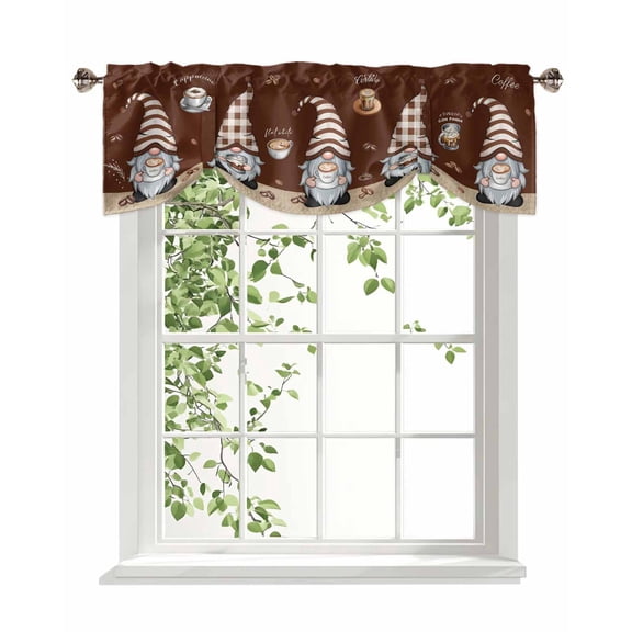 Gnome with Hat Coffee Cup Tie Up Valances Curtain, Adjustable Kitchen Coffee Beans Brown Background Valances for Windows Decor, Rod Pocket Short Curtains Set for Bedroom/Bathroom, 54"x18"