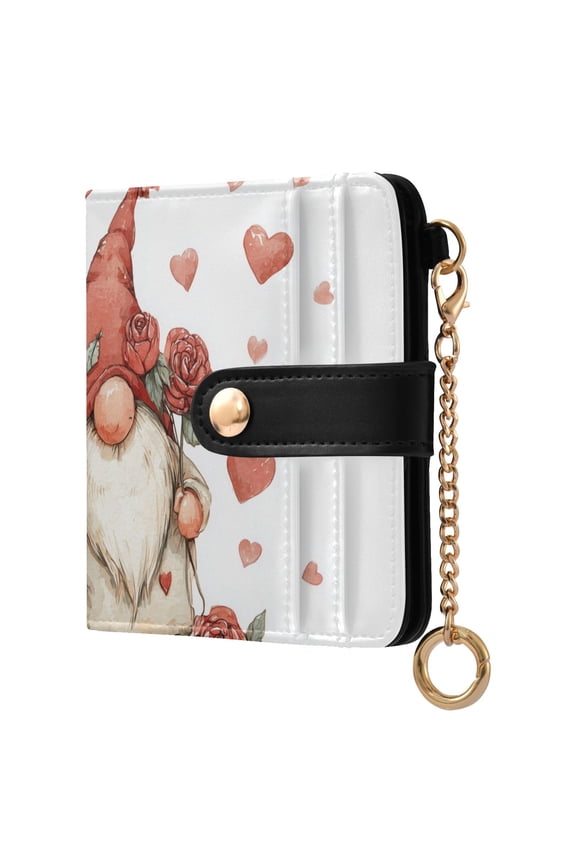 Gnome Holding Roses with Hearts Valentine Women's Wallet PU Leather Card Cases RFID Blocking Purse Billfold with Key Ring