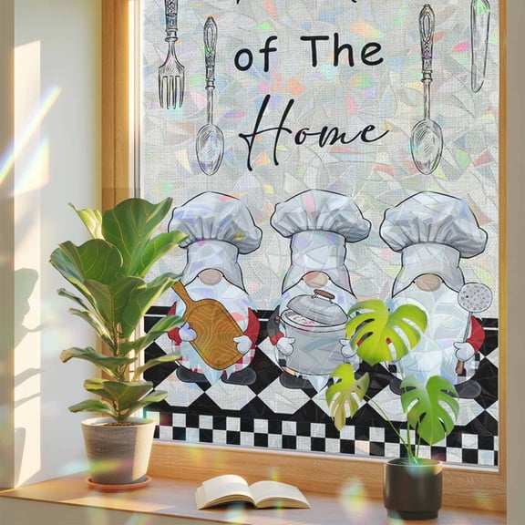 Gnome Kitchen Pot Spoon Black Buffalo Lattice Window Privacy Film, Rainbow Window Sticker 17.7x39.3in, Kitchens is Heart of Home Sun Blocking Static Stained Glass Cling Tint Non-Adhesive