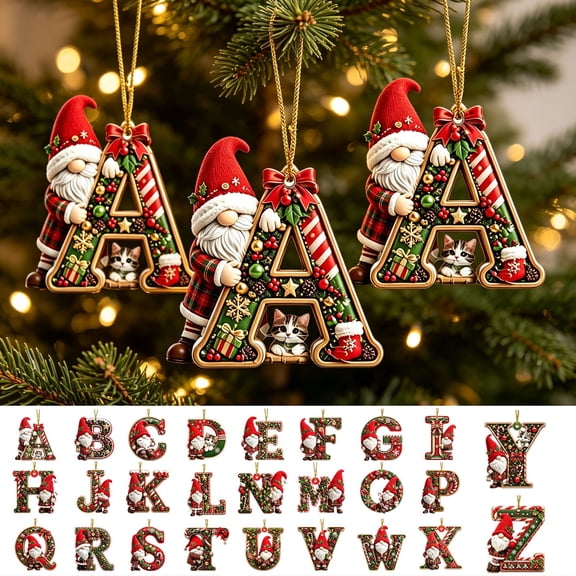 Gnome Letter Ornament, Character Trio with Selectable A-Z Letters for Christmas Tree Mantel Stockings Gift Toppers Holiday Parties and Keepsake Gifts