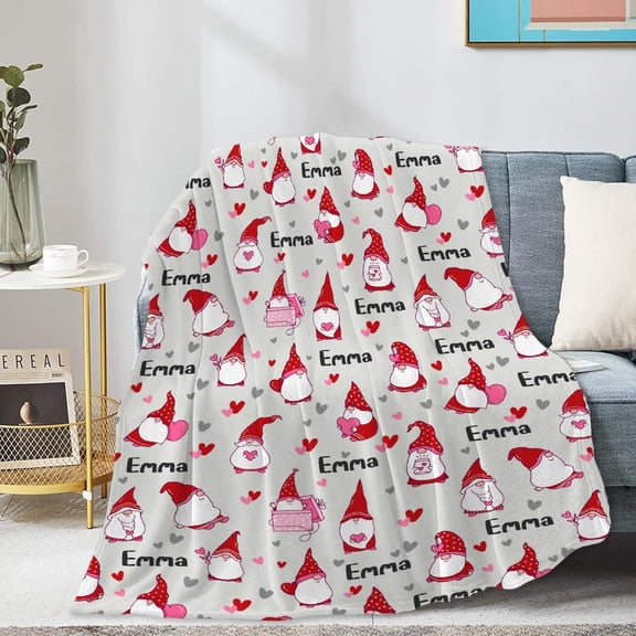 Gnome Love Custom Blanket Gifts, Gnome Pink Heart Blanket Custom with Name Ultral Soft Lightweight Personalized Throw Blanket for Boys Girls Bedding Couch Sofa, 50"x60" for Teens