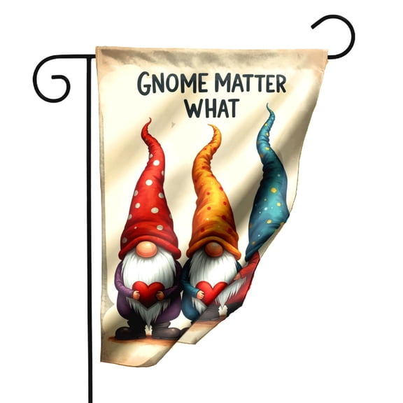 Gnome Matter What Garden Flag 12.5x18 Inch Double Sided Polyester Outdoor Decorative Flag with Cute Gnomes Holding Hearts for Yard Patio Home Decor Seasonal Spring Summer Holiday Display#24551