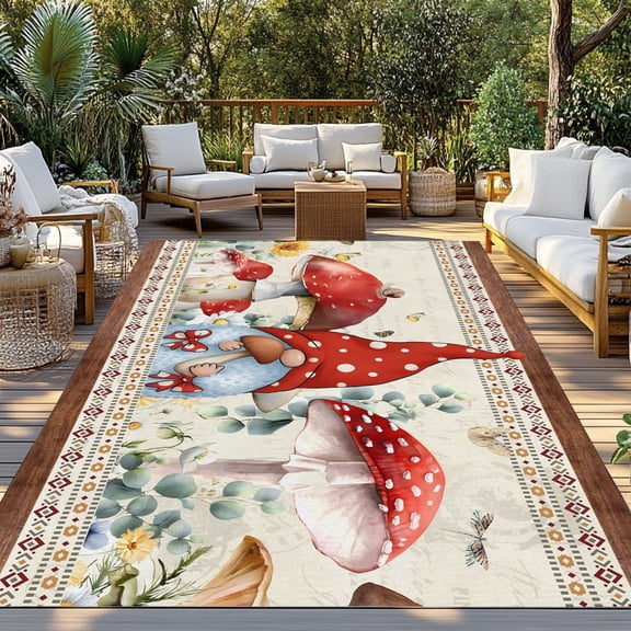 Gnome Mushroom Indoor Outdoor Rugs 5x7 Ft, Nation Sage Eucalyptus Leaves Butterfly Wood Grain Outdoor Patio Rugs Mat Washable Outside Area Rugs Carpet for Porch Deck RV Camping Pool Balcony Backyard