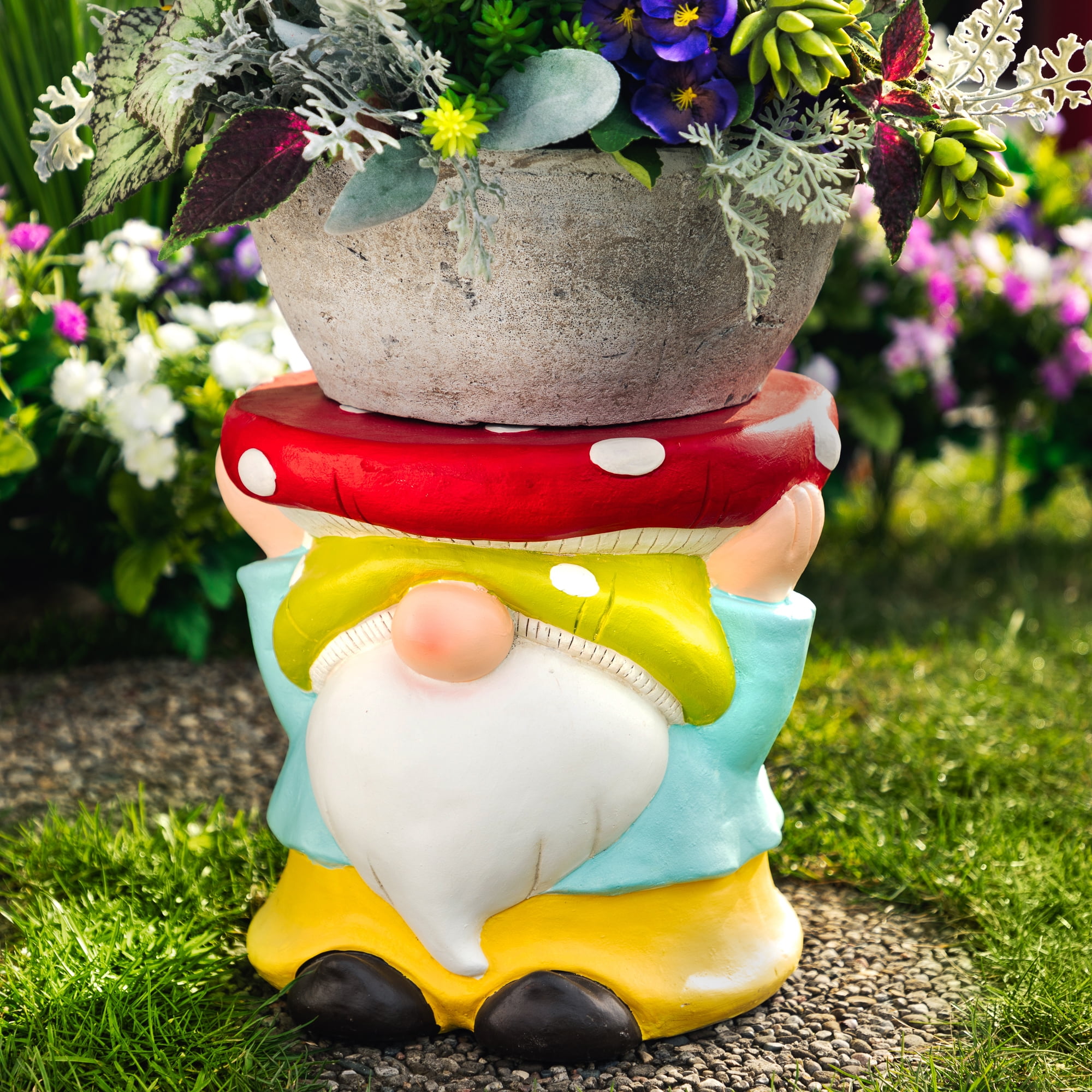 Whimsical Gnome with Mushroom Outdoor Ceramic Plant Stand